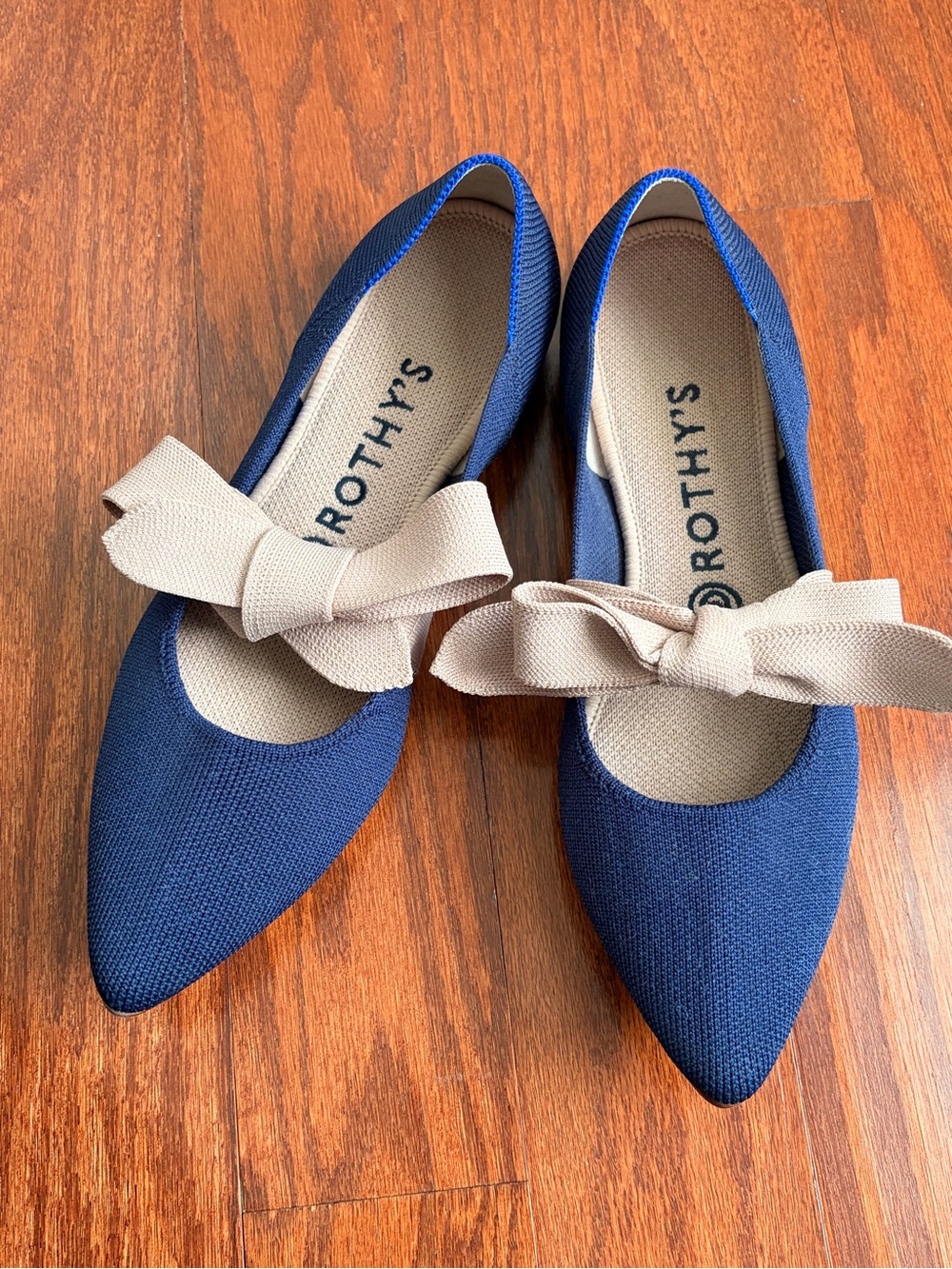 Rothy's Sapphire Blue & Pink Knit Mary Jane Bow Pointed Flats, size 8 (fits 7.5)